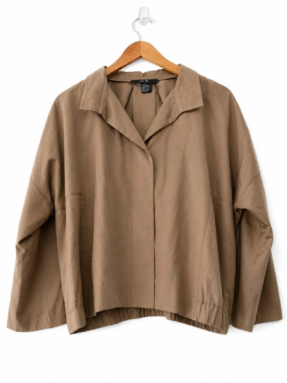 Per Se Tan 100% Silk Hidden Button Cropped Jacket Notch Collar Size 12